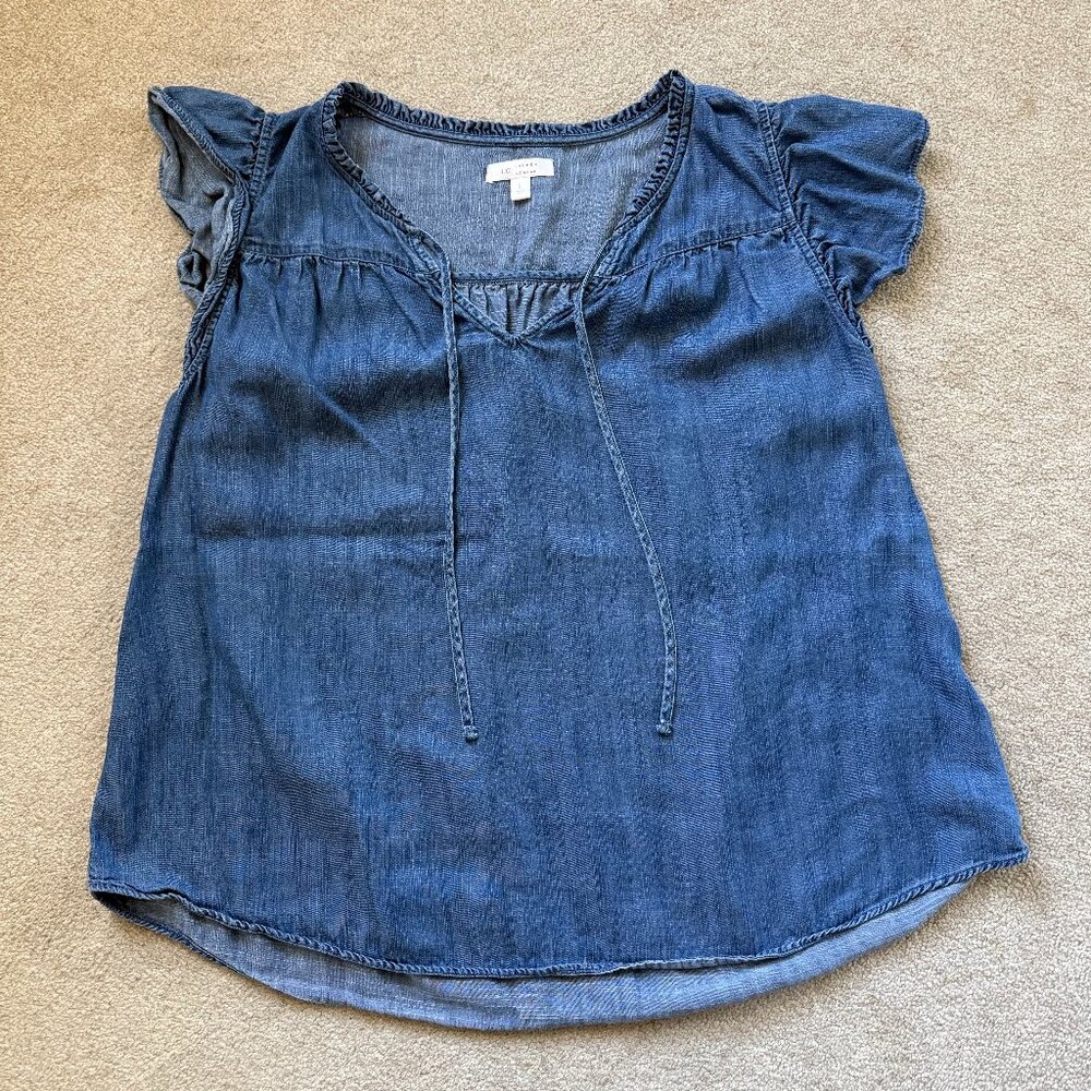 LC Lauren Conrad Blouse L Chambray Denim Look‎ Smocked Sleeve Boho Peasant Top